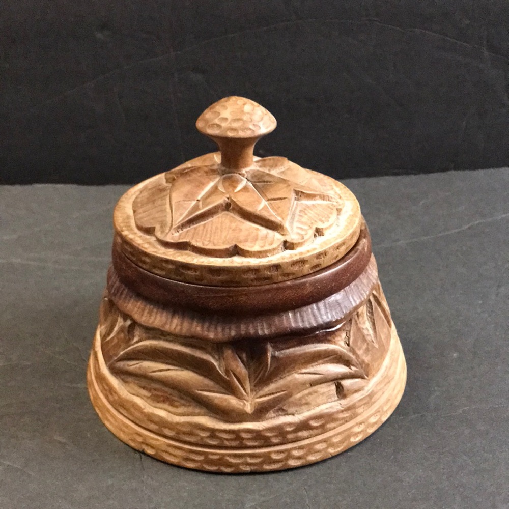 1980s Haitian Wooden Box w Relief Carved Leaf Motif signed Bossant